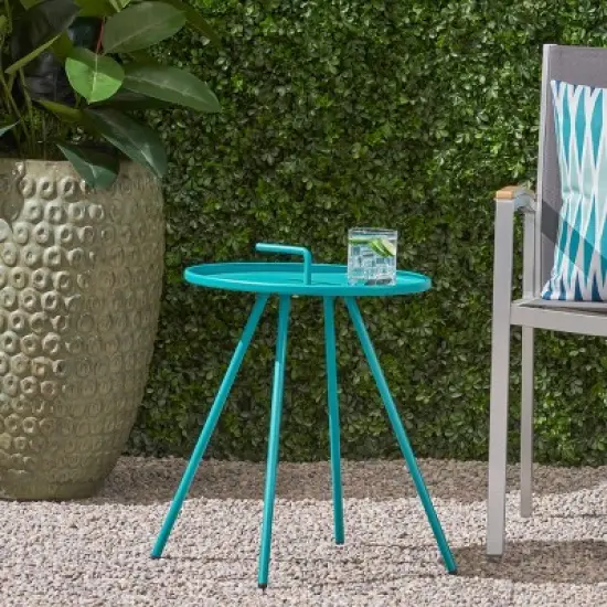 GDFStudio Margaretta Outdoor Steel Side Table with Handle, Teal image {1}