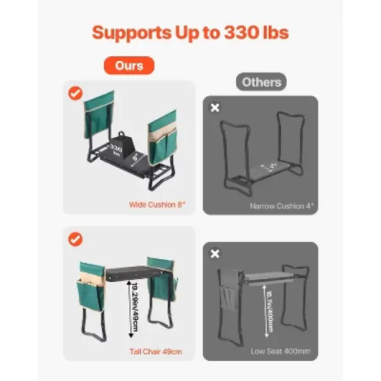 VEVOR Garden Kneeler and Seat, 8 in Wide Kneeling Pad, Heavy Duty Garden Kneeling Stool, Folding Garden Seat with 2 Tool Bags, Black&Green image {4}