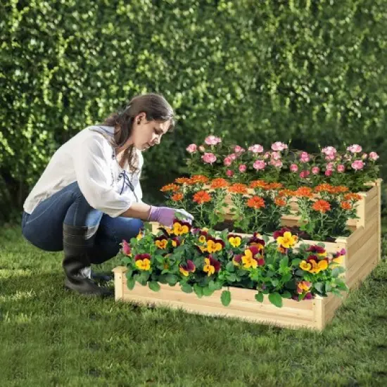 Costway 3-Tier Raised Garden Bed Wood Planter Kit for Flower Vegetable Herb 48x 48x 22in image {2}