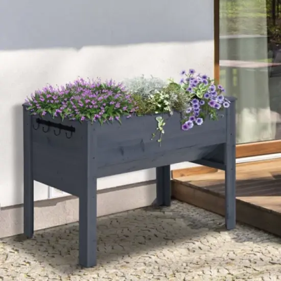 Outsunny 48" Raised Garden Bed with Tool Hooks, 660lb Capacity Fir Wood Elevated Planter Box w/ Water Draining Funnel Design to Grow Vegetables, Gray image {1}