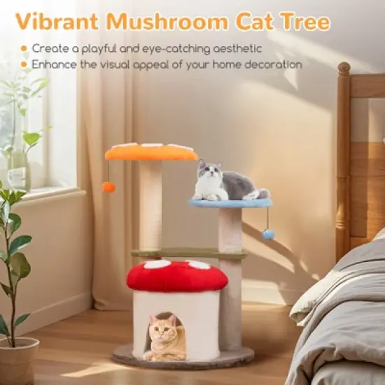 Tangkula Cute Mushroom Cat Tree 35" Tall Cat Tower w/ Sisal Scratching Posts Cat Condo image {6}