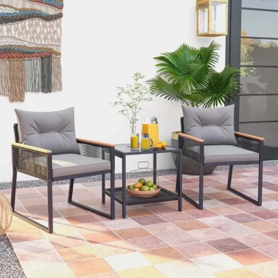 Costway 3 PCS Outdoor Conversation Set with 2-Layer Side Table Acacia Wood Armrests image {3}