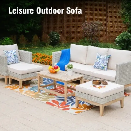 Captiva Designs 5pc outdoor patio wicker rattan cushioned conversation set with armchairs, ottomans and solid wood table image {2}