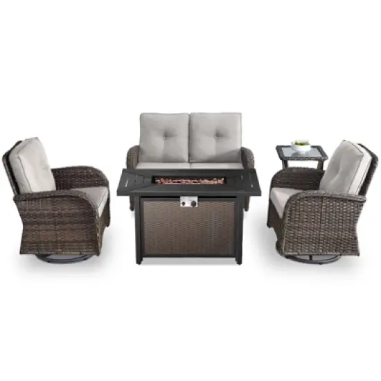 Belord 43" Propane Fire Pit Table Set Patio Furniture Set with Glider Loveseat, Brown Wicker Deep Seating Patio Swivel Rocker Glider Chairs image {15}