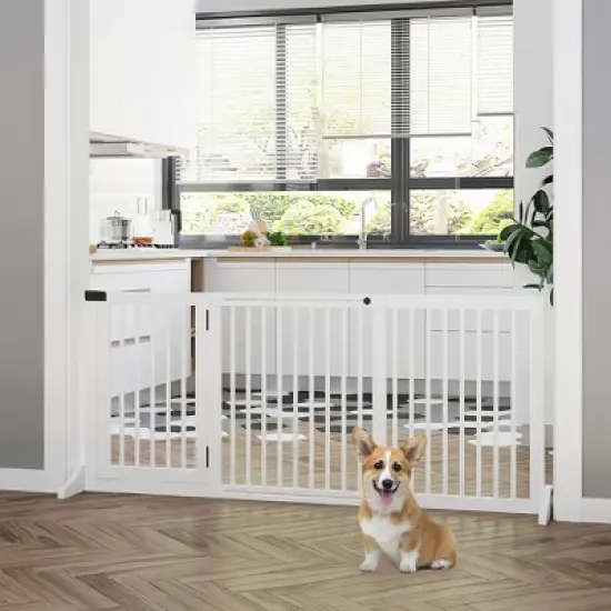 PawHut Adjustable Wooden Pet Gate, Freestanding Dog Fence for Doorway Hall, 3 Panels w/ Safety Barrier Lockable Door, White, 44.5"-65.25"L x 14.25"H image {2}