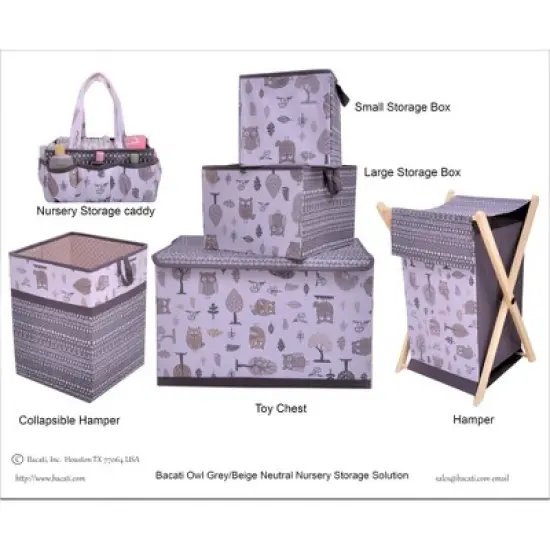 Bacati - Owls Gray/Beige Neutral  Laundry Hamper with Wooden Frame image {2}