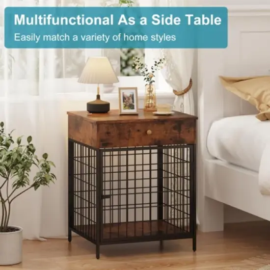 Wooden Dog Kennel Crate Furniture Side Table / End Table with Drawer for Small Dogs image {1}