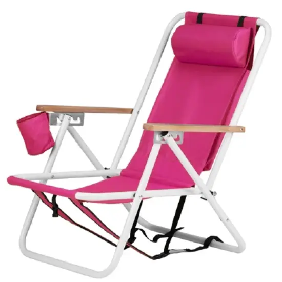 DOMETOUR Folding Beach Chair, 4 Position Portable Backpack Foldable Camping Chair with Headrest Cup Holder and Wooden Armrests, Pink image {1}