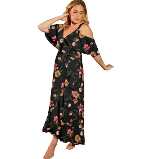 June + Vie by Roaman's Women&rsquo;s Plus Size Cold-Shoulder Faux-Wrap Maxi Dress image {3}