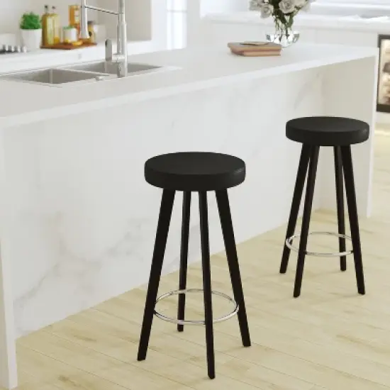 Merrick Lane Contemporary Black Vinyl Barstool with Retro 4-Point Cappuccino Wood Legs and Chrome Footrest image {4}