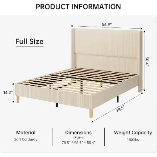 Bed Frame, Upholstered Platform Corduroy Bed Frame with Vertical Channel Tufted Wingback Headboard, Strong Wooden Slats, Easy Assembly image {1}