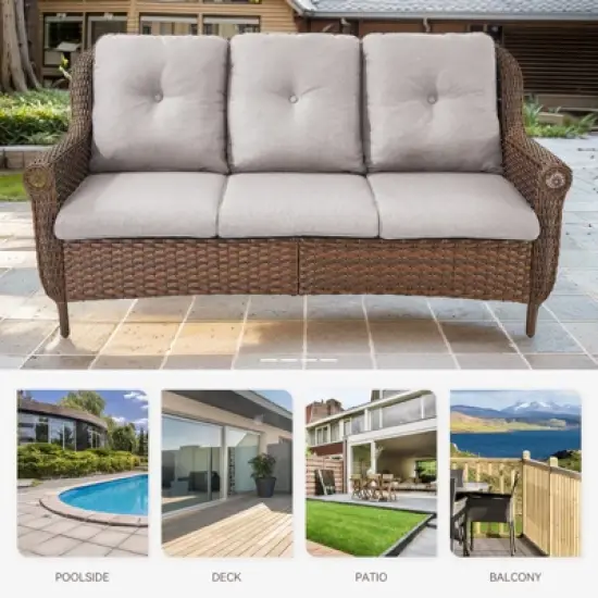 POCASSY 68" Wide Outdoor 3-Seater Sofa Patio Couch, All Weather Brown Wicker Patio Couch with Cushions for Porch Deck Backyard Pool image {5}