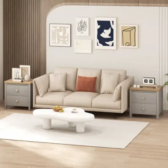 Tangkula 2 PCS Nightstand Farmhouse Side End Table w/ Solid Wood Legs & 2 Drawers image {2}