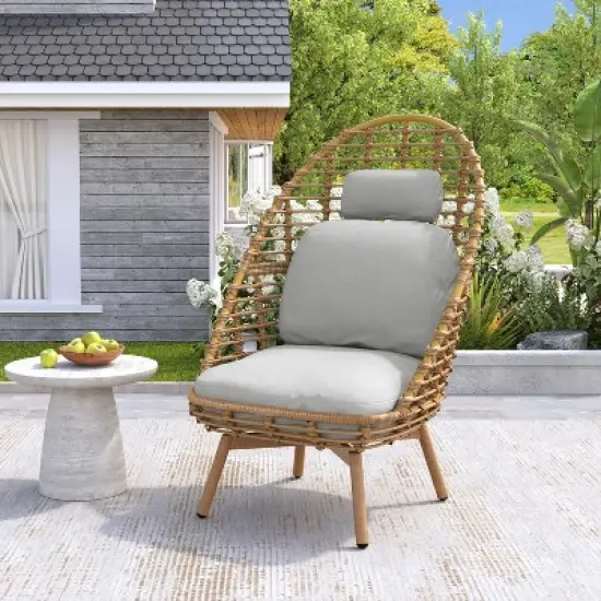 Christopher Knight Home Casey Outdoor Rattan and Metal High-back Lounge Swivel Chair with Cushion image {1}