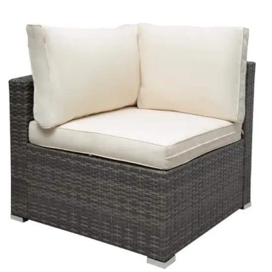 7pc Wicker Patio Seating Set with Cushions & Storage Box - Gray/Beige - GODEER image {11}