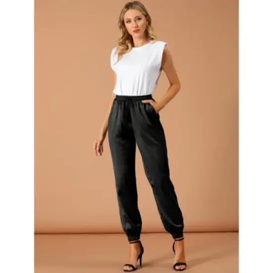 Allegra K Women's Drawstring Elastic Waist Athleisure Pants Ankle Length Satin Joggers with Pocket image {2}