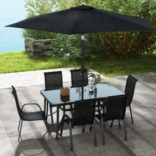 Outsunny 8 Piece Patio Furniture Set with Umbrella, Outdoor Dining Table and Chairs, 6 Chairs, Push Button Tilt and Crank Parasol, Glass Top image {2}