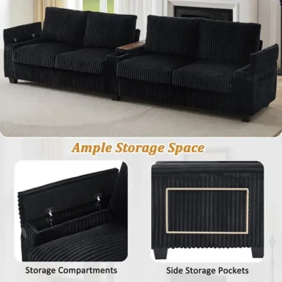 4-seater Corduroy Sofa Couch 133" Modern Sofa with USB Ports, Hidden Storage Arms, Flip-Top Cup Holders for Living Room, Black image {4}