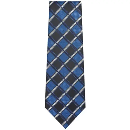 TheDapperTie Men's Black, Royal Blue, White And Navy Blue Checks Necktie with Hanky image {1}
