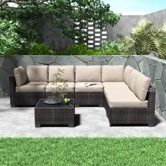 Garvee 7 Piece Outdoor Patio Furniture Set, PE Rattan Wicker Sofa Set, Outdoor Sectional Furniture Chair Set with Cushions and Tea Table image {8}