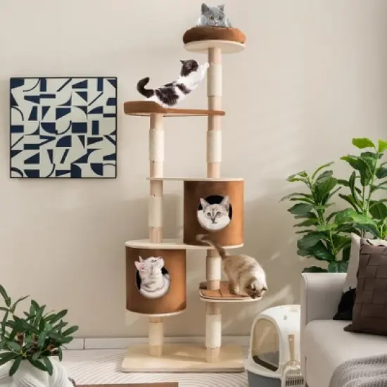 Costway 75'' Multi-layer Wooden Cat Tree Indoor Tower Activity Play Center with 2 Condos image {1}