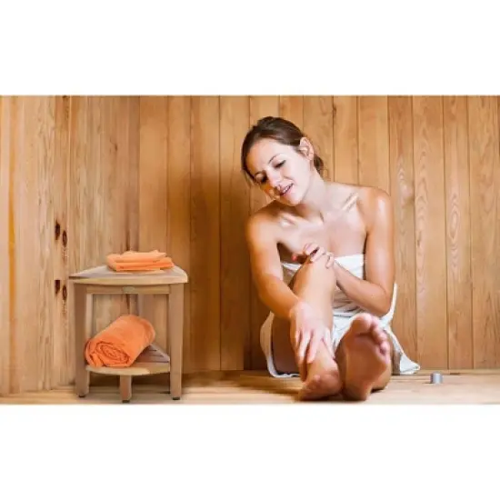 EcoDecors&reg; SnazzyCorner&reg; 18"H Teak Wood Curved Corner Shower Bench with Shelf in EarthyTeak Finish image {8}