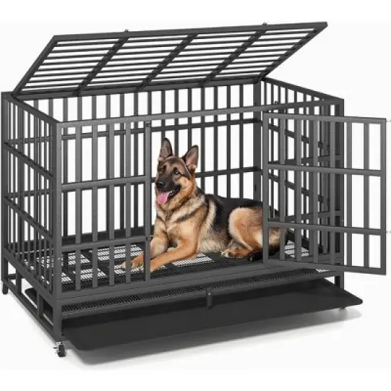 XBRIGH 48-Inch Blue\Orange\Green\Black Heavy Duty Dog Crate with Wheels, Sturdy Door Lock, Double Doors and Removable Tray Design image {9}