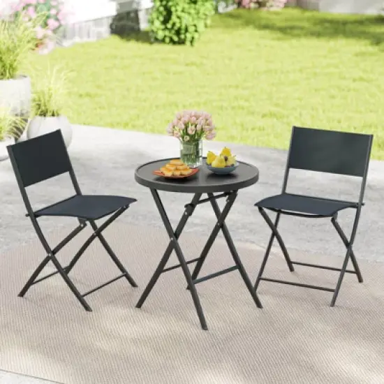 Costway 3 PCS Folding Patio Bistro Set with Tempered Glass Coffee Table & 2 Patio Chairs image {3}