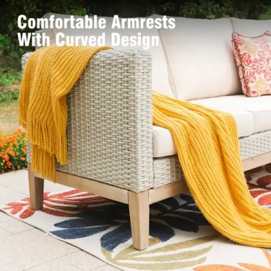 Captiva Designs 5pc outdoor patio wicker rattan cushioned conversation set with armchairs, ottomans and solid wood table image {5}