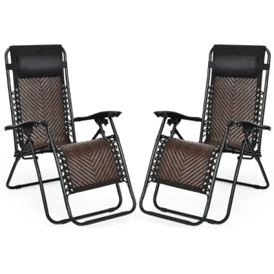 Tangkula Folding Recliner Patio Rattan Zero Gravity Lounge Chair With Headrest Brown image {9}