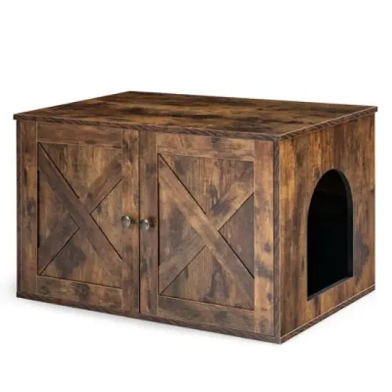 Costway Wooden Cat Litter Box Enclosure Hidden Cabinet Furniture w/ Divider Pet House image {9}