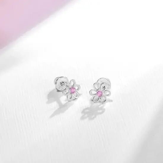 Girl's Spring Cubic Zirconia Flower Screw Back Sterling Silver Earrings - In Season Jewelry image {3}