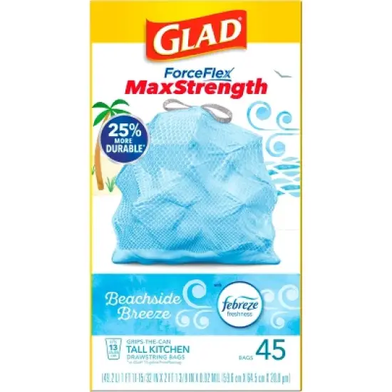 Glad ForceFlex MaxStrength Tall Kitchen Drawstring Trash Bags - Febreze Beachside Breeze - 13 Gallon /45ct image {4}