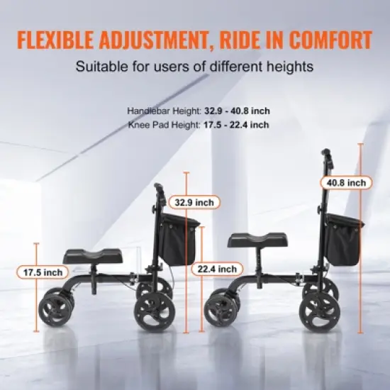 VEVOR Folding Knee Scooter, Carbon Steel Steerable Knee Walker with Height-Adjustable Handlebar & Knee Pad, All-Terrain Solid Wheels, Dual Brakes image {3}