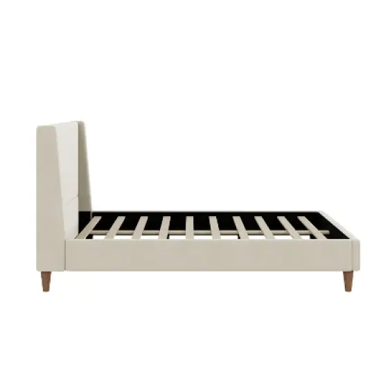 Queen/King Size Velvet Upholstered Platform Bed Frame with Wingback Headboard and Walnut Wooden Legs, Cream, No Box Spring Needed-ModernLuxe image {4}