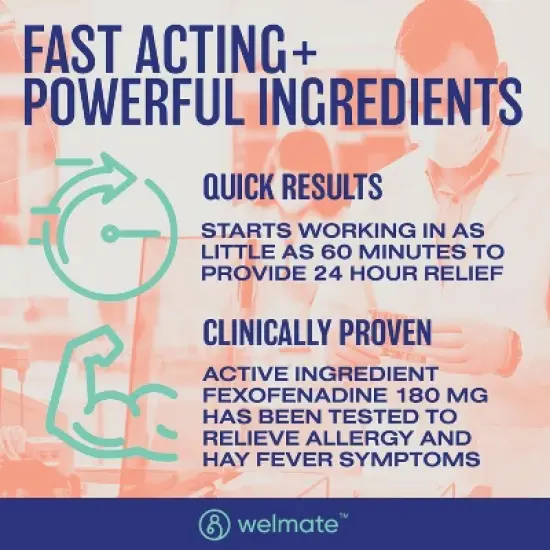 WELMATE 24 Hour Allergy Relief Tablets - Fexofenadine HCl 180mg 200ct image {3}