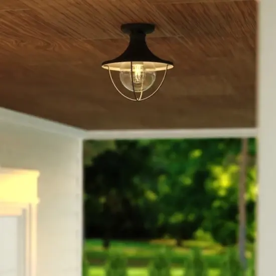 VAXCEL Dunlap Textured Black Coastal Outdoor Flush Mount Ceiling Light Clear Glass image {6}