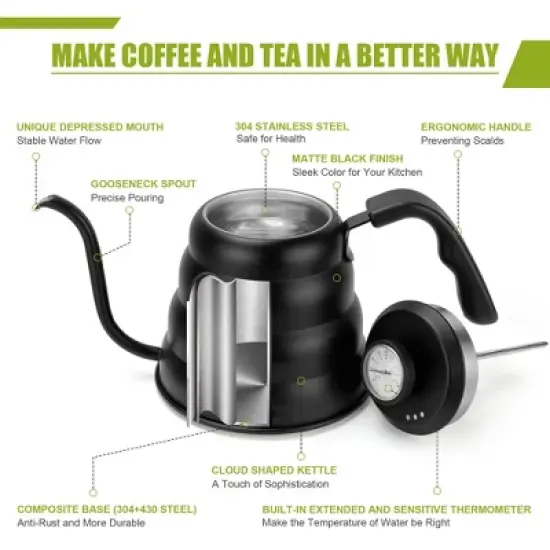 Itopfox Tea Kettle with Thermometer, Stovetop Gooseneck Kettle for Pour Over Coffee & Tea, 40oz Capacity, Black image {3}