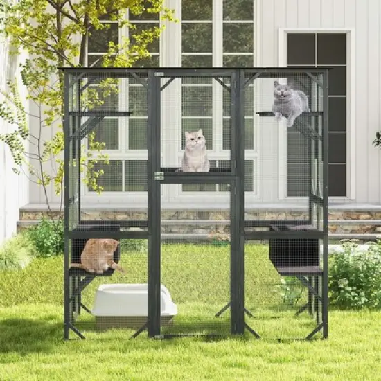 Costway Large Wooden Cat House 71'' Indoor Outdoor Weatherproof Catio Kitten Enclosure image {1}