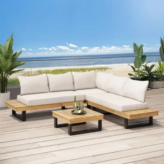 Sebastian 4pc Outdoor Acacia Wood 5 Seater Sofa Sectional with Cushions - Teak/Beige - Christopher Knight Home image {1}