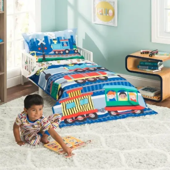 EVERYDAY KIDS 4 Piece Toddler Bedding Set -Choo Choo Train- Includes Comforter, Flat Sheet, Fitted Sheet and Reversible Pillowcase image {2}
