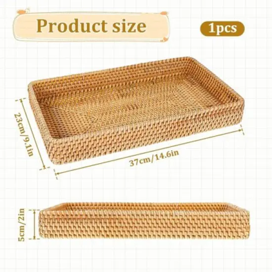 BRINJOY Rectangular Woven Storage Basket - 14.6x9 inch Handwoven Rattan Tray for Kitchen, Dining Table Decor & Organization image {1}