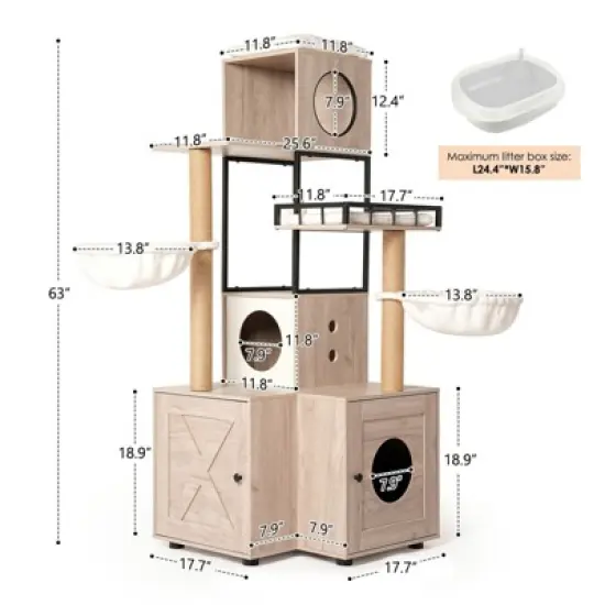 Lirago Rustic Gray Cat Tree 25.6x25.6x63"-63" Multi-Functional Litter Box Tower image {4}