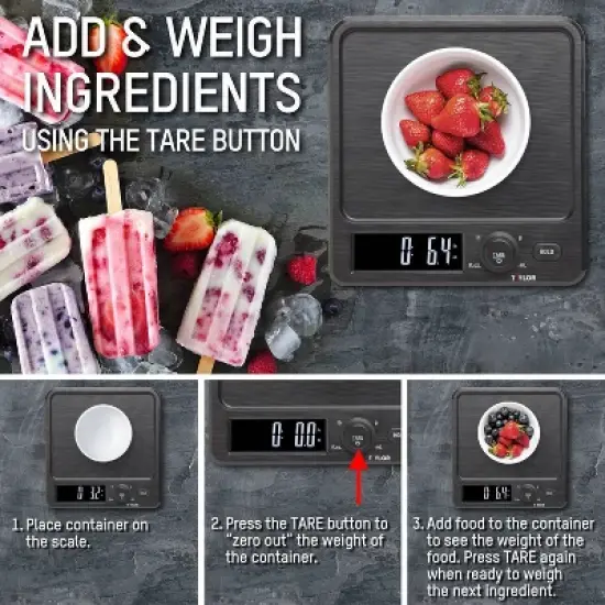 Taylor 22lb Stainless Steel Digital Kitchen Food Scale with Container Black/Gray: Oversized Display, 22lb Capacity image {3}