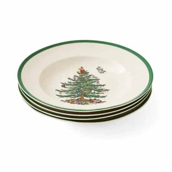 Spode Christmas Tree 9" Soup Plate (Set of 4) - Stoneware Soup Bowls with Festive Tree Design & Green Rim - Microwave & Dishwasher Safe image {4}