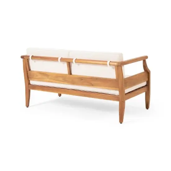 FIONECA Outdoor Mid-Century Modern 4-Seat Acacia Wood Chat Set with Loveseat, Coffee Table & Club Chairs, Teak Finish + Cream Cushion image {6}