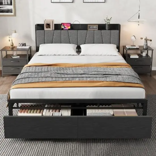 Bed Frame with Storage Headboard, Industrial Platform Bed with 2 Large Drawers and Charging Station, Black No Box Spring Needed Bed frame image {7}