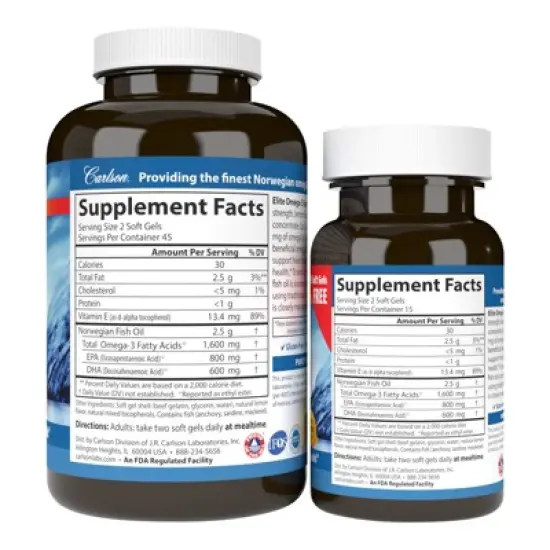 Carlson - Elite Omega-3 Gems, 1600 mg Omega-3s, Norwegian, Wild Caught, Sustainably Sourced, Lemon image {2}