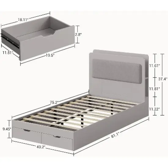 Twin Bed Frame with Upholstered Headboard and Storage &ndash; Wooden Platform Bed with 2 Drawers and 4 Open Shelves, Easy Assembly, Noise-Free, Grey image {1}