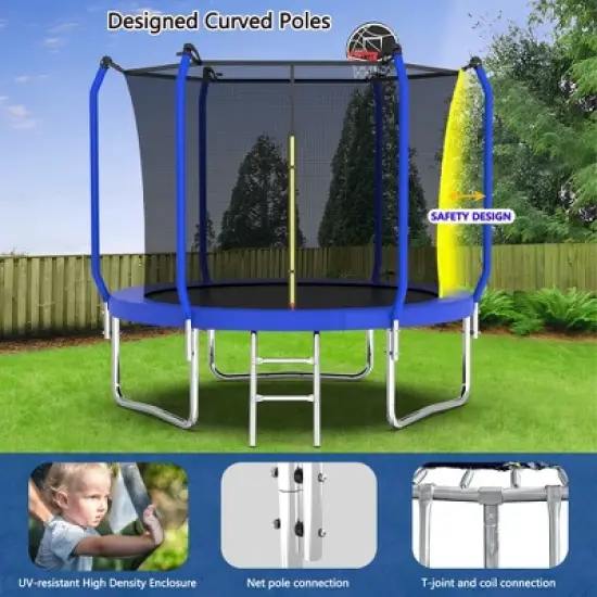 Whisen Kids&rsquo; Trampoline with Safety Enclosure Net, Foam Padded Poles, W-Shaped Legs,  Ladder and Basketball Hoop - Blue image {2}
